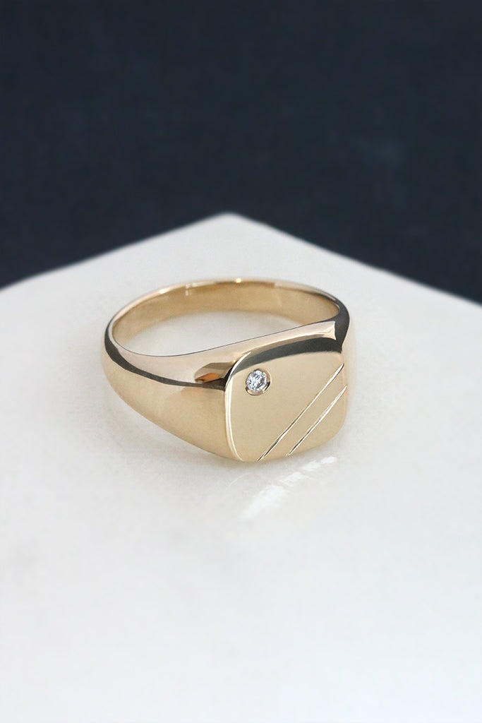 Cushion Signet Ring with Flush Set Diamond Yellow Gold