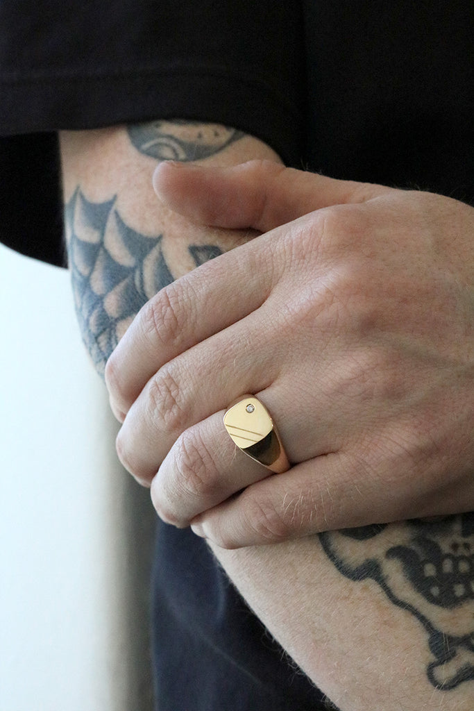 Cushion Signet Ring with Flush Set Diamond Yellow Gold