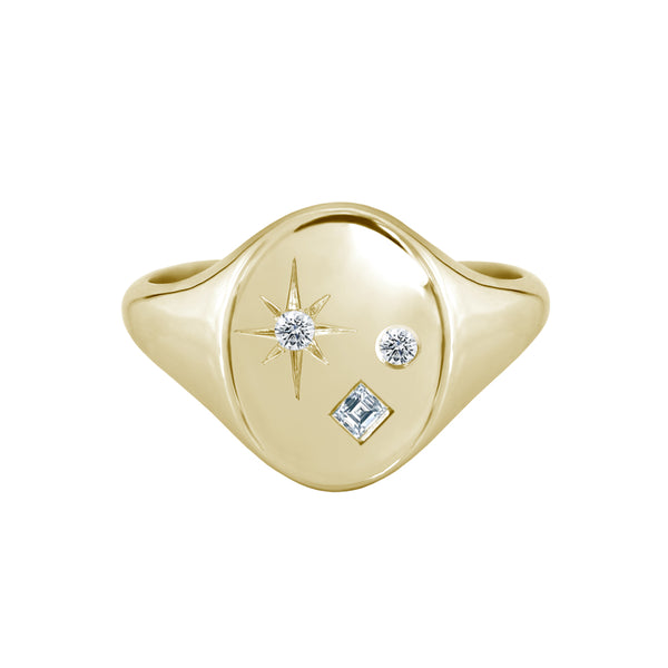 Scattered Mixed Cut Diamond Oval Signet Ring Yellow Gold