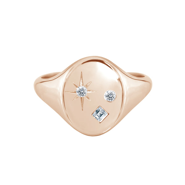 Scattered Mixed Cut Diamond Oval Signet Ring Rose Gold