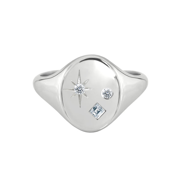 Scattered Mixed Cut Diamond Oval Signet Ring White Gold