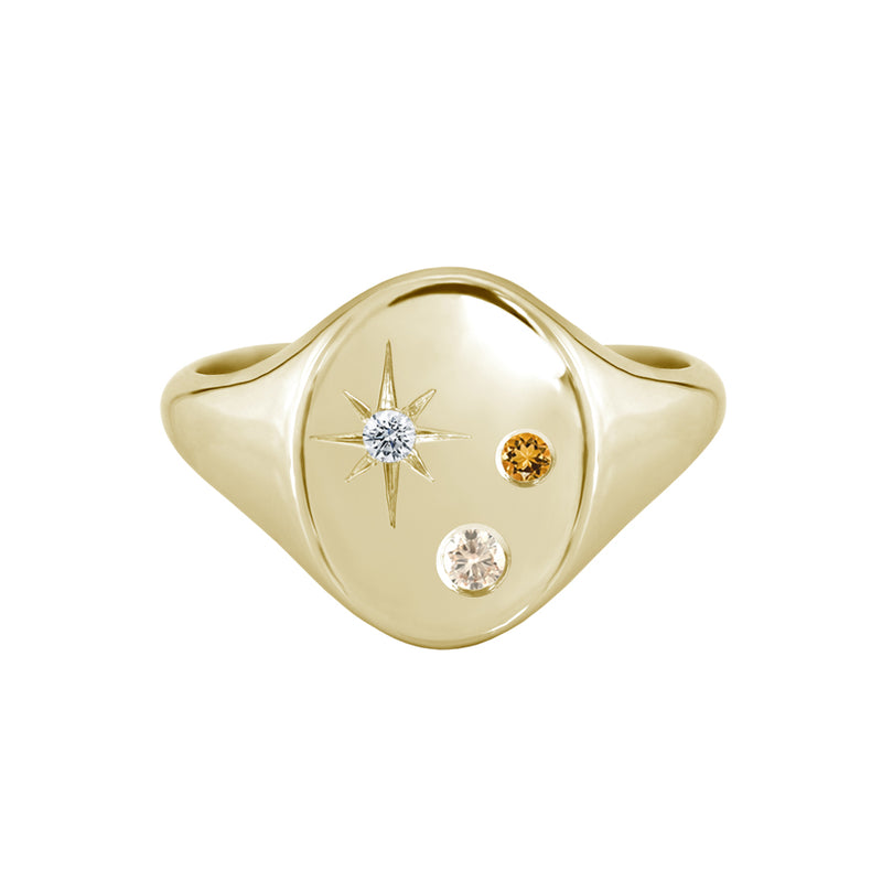 Oval Signet Ring with Champagne Diamond Citrine and Star Set Diamond Yellow Gold