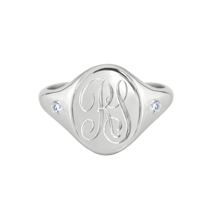 Flush Set Diamond Monogram Oval Signet Ring White Gold