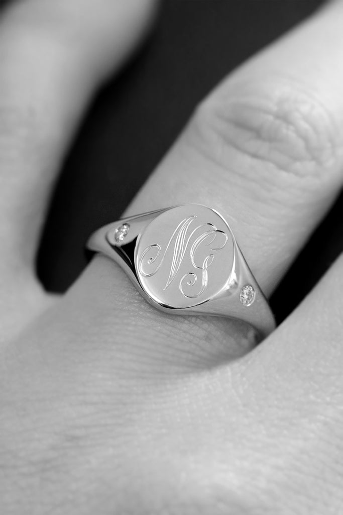 Flush Set Diamond Monogram Oval Signet Ring White Gold