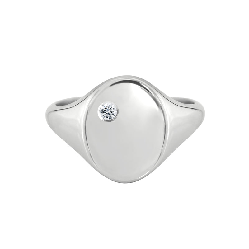 Signet Ring with Offset Diamond White Gold