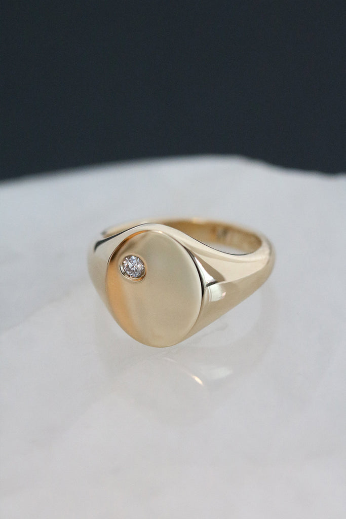 Signet Ring with Offset Diamond Yellow Gold