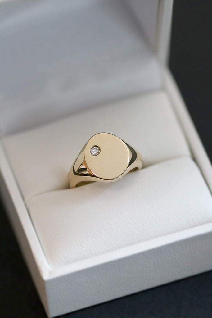 Signet Ring with Offset Diamond Yellow Gold