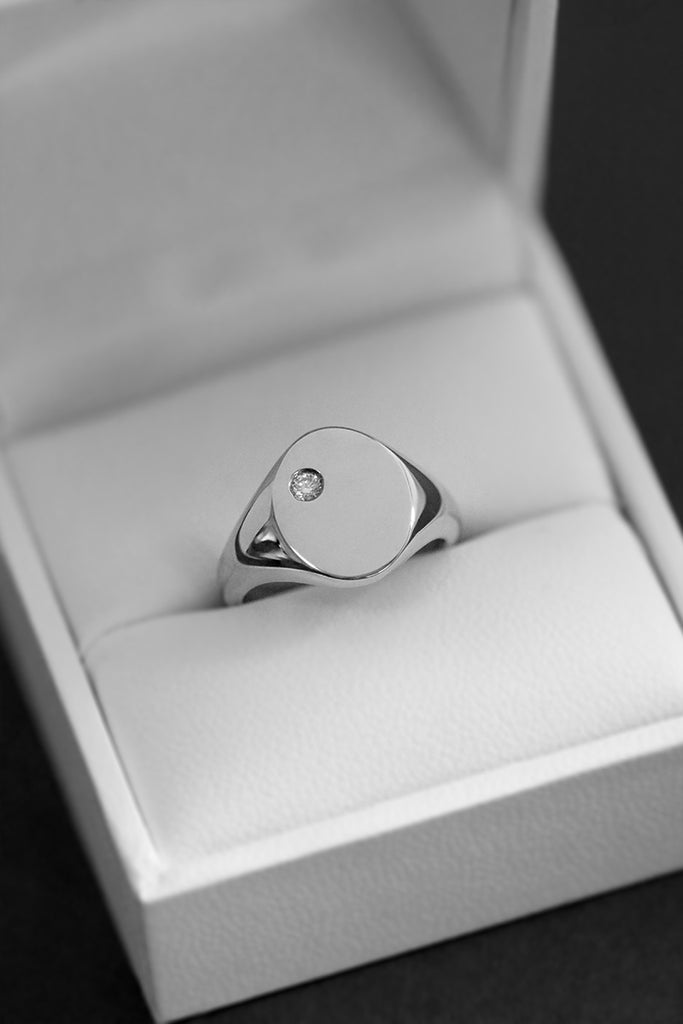 Signet Ring with Offset Diamond White Gold