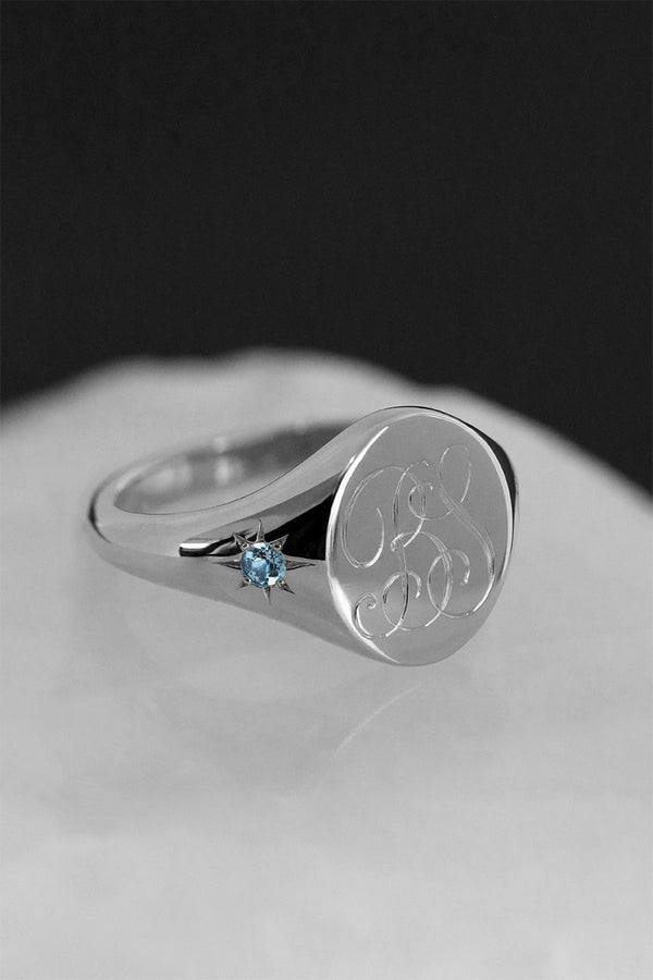 Star Set Blue Topaz Monogram Oval Signet Ring White Gold