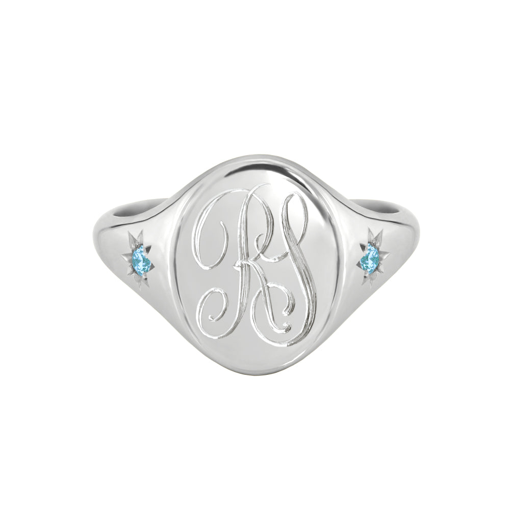 Star Set Blue Topaz Monogram Oval Signet Ring White Gold