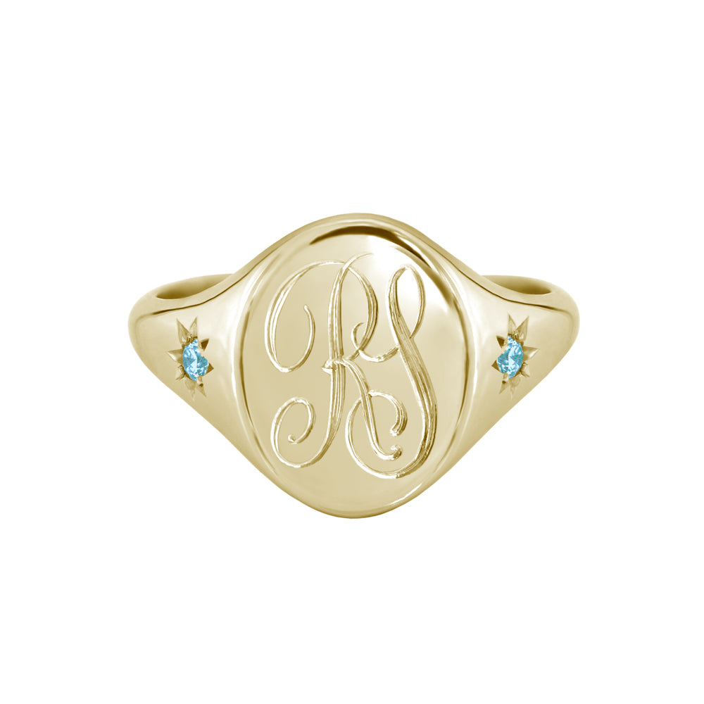 Star Set Blue Topaz Monogram Oval Signet Ring Yellow Gold