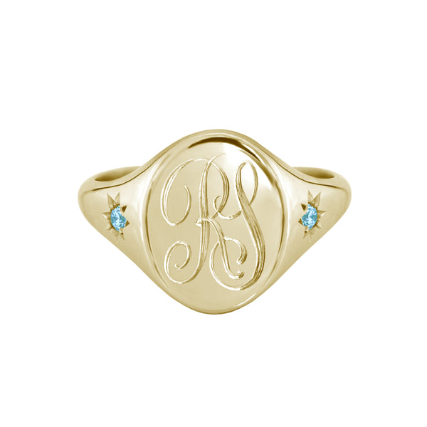 Star Set Blue Topaz Monogram Oval Signet Ring Yellow Gold