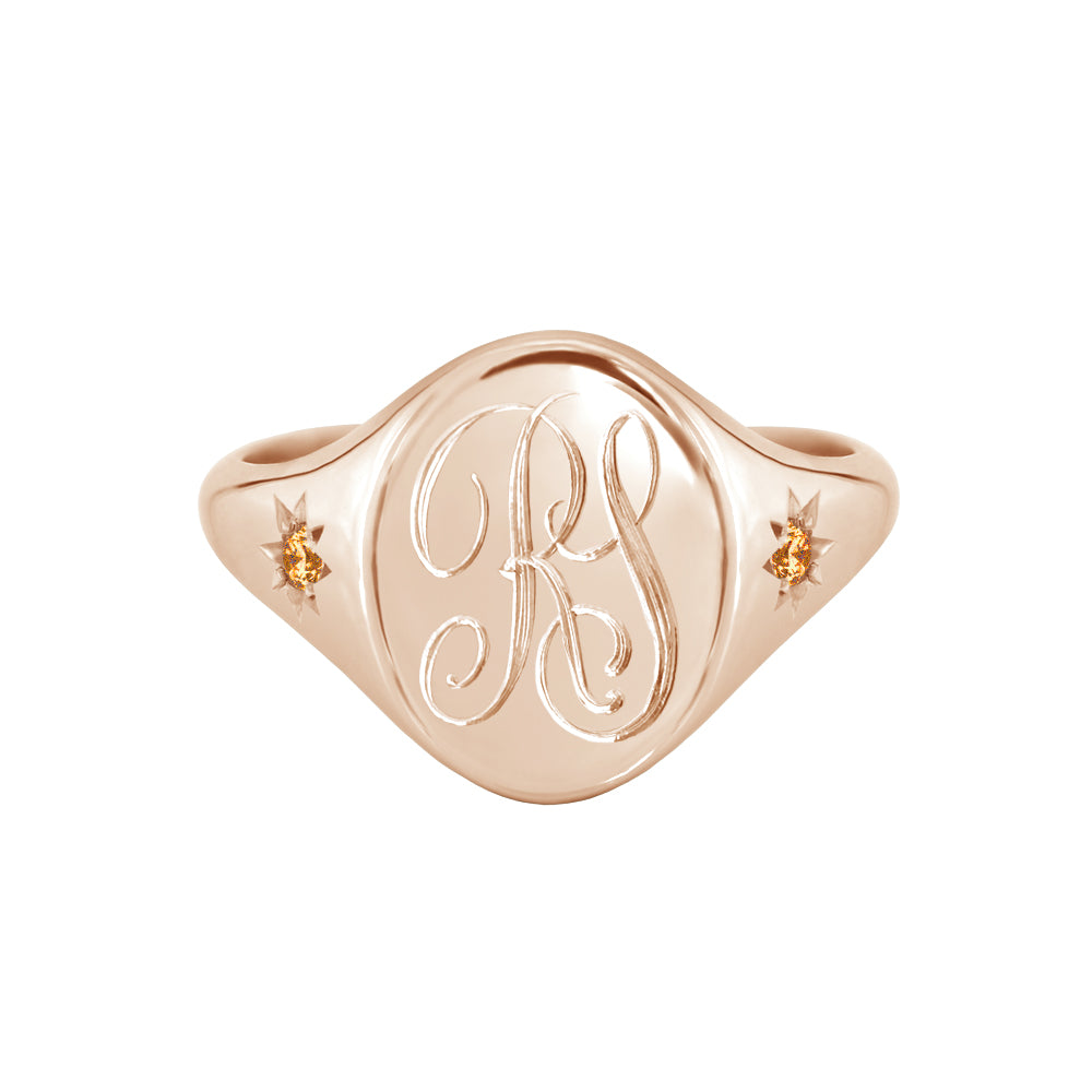 Star Set Citrine Monogram Oval Signet Ring Rose Gold