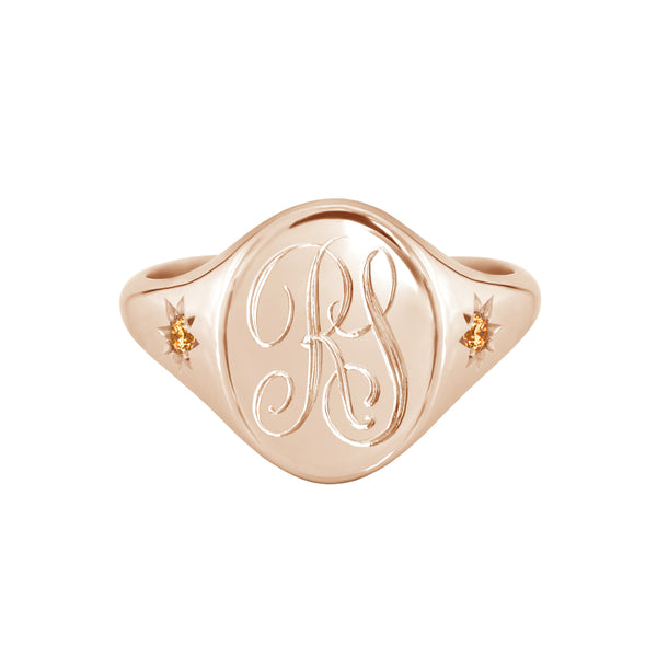 Star Set Citrine Monogram Oval Signet Ring Rose Gold