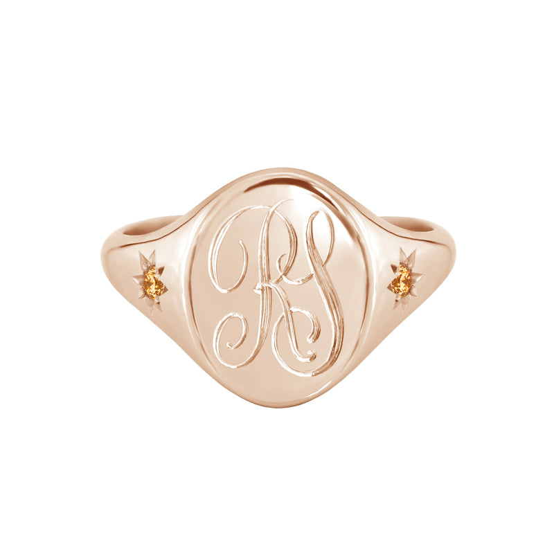 Star Set Citrine Monogram Oval Signet Ring Rose Gold