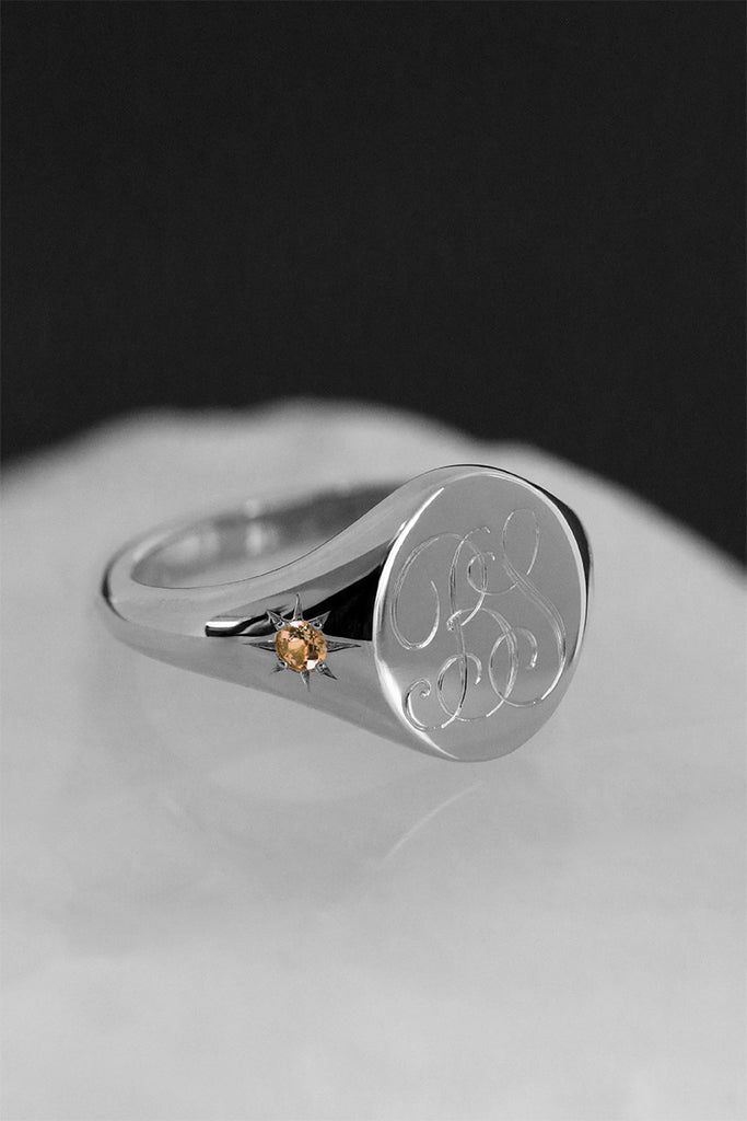 Star Set Citrine Monogram Oval Signet Ring White Gold