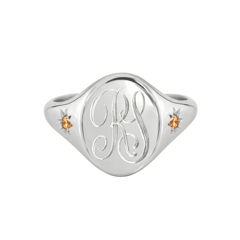 Star Set Citrine Monogram Oval Signet Ring White Gold