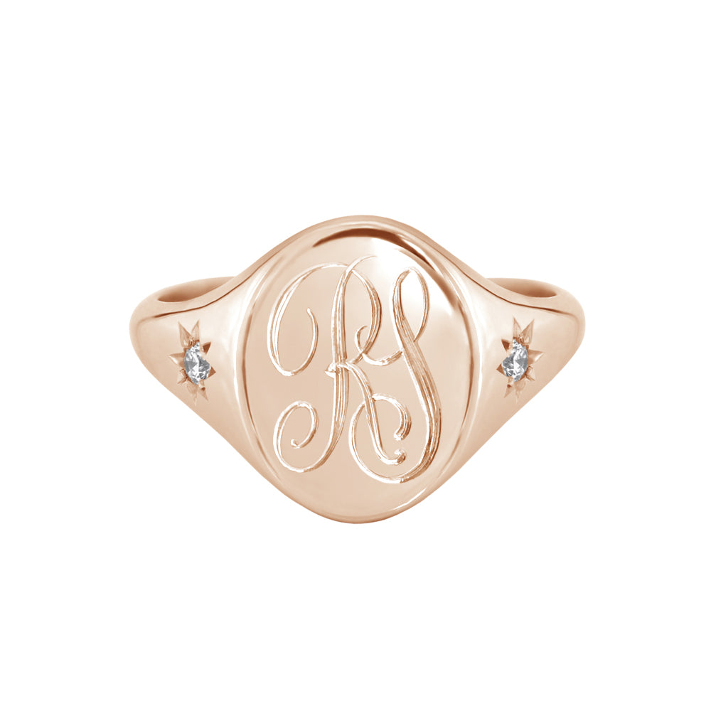 Star Set Diamond Monogram Oval Signet Ring Rose Gold