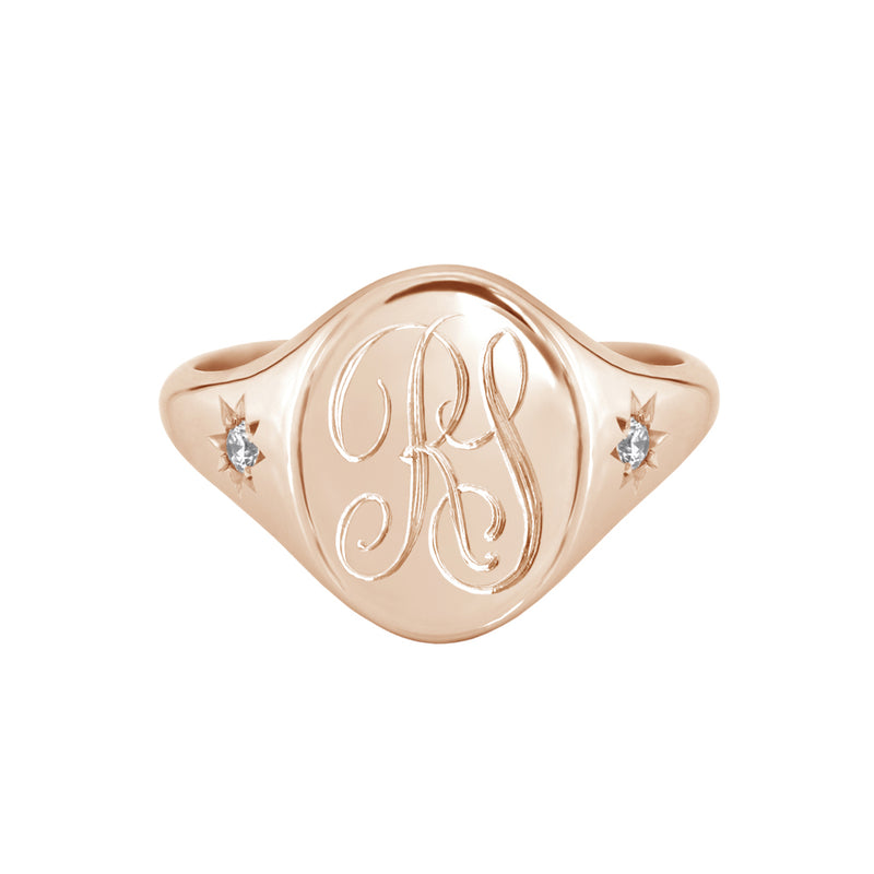 Star Set Diamond Monogram Oval Signet Ring Rose Gold