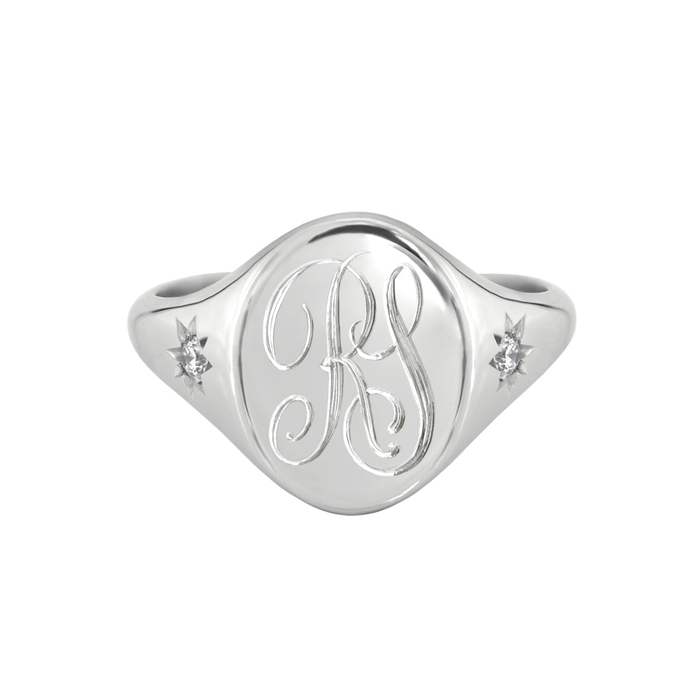 Star Set Diamond Monogram Oval Signet Ring White Gold
