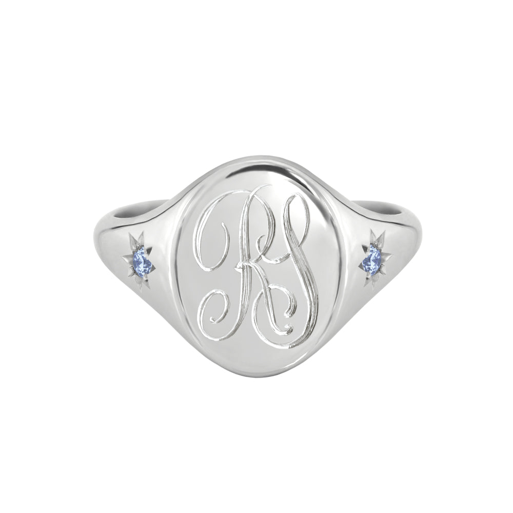 Star Set Pale Blue Sapphire Monogram Oval Signet Ring White Gold