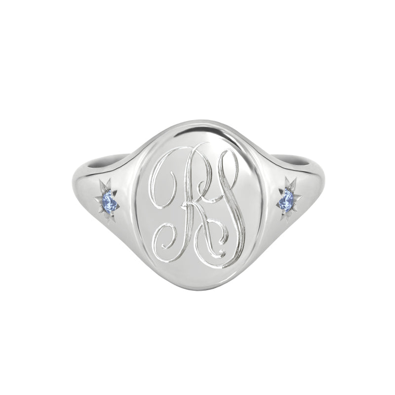 Star Set Pale Blue Sapphire Monogram Oval Signet Ring White Gold