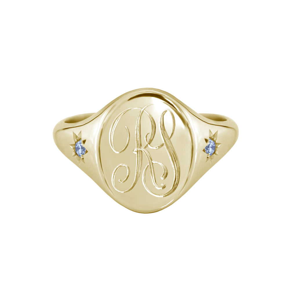 Star Set Pale Blue Sapphire Monogram Oval Signet Ring Yellow Gold