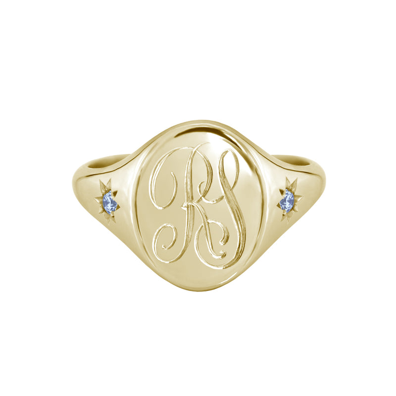 Star Set Pale Blue Sapphire Monogram Oval Signet Ring Yellow Gold