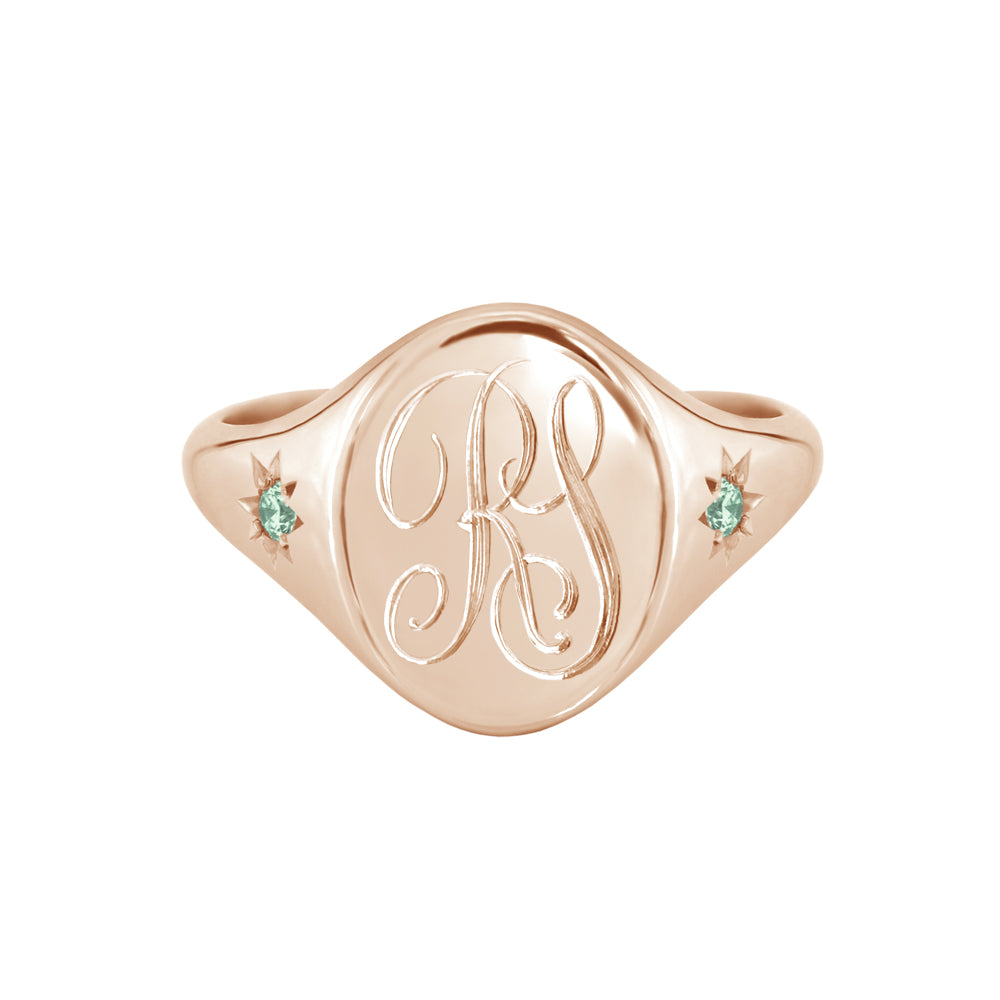 Star Set Peridot Monogram Oval Signet Ring Rose Gold