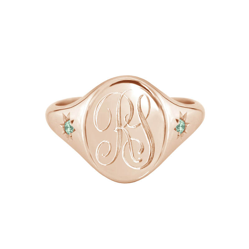 Star Set Peridot Monogram Oval Signet Ring Rose Gold