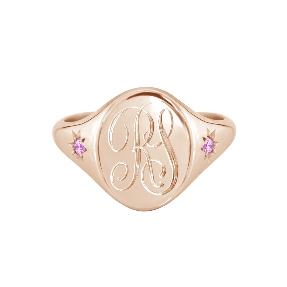 Star Set Pink Sapphires Monogram Oval Signet Ring Rose Gold