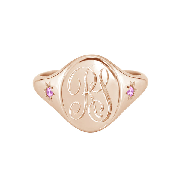 Star Set Pink Sapphires Monogram Oval Signet Ring Rose Gold