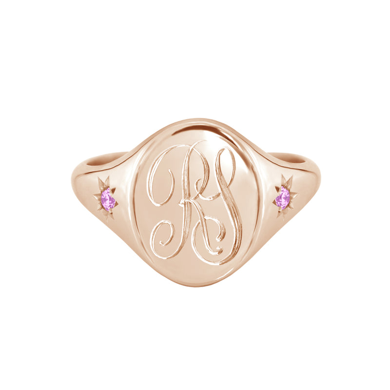 Star Set Pink Sapphires Monogram Oval Signet Ring Rose Gold