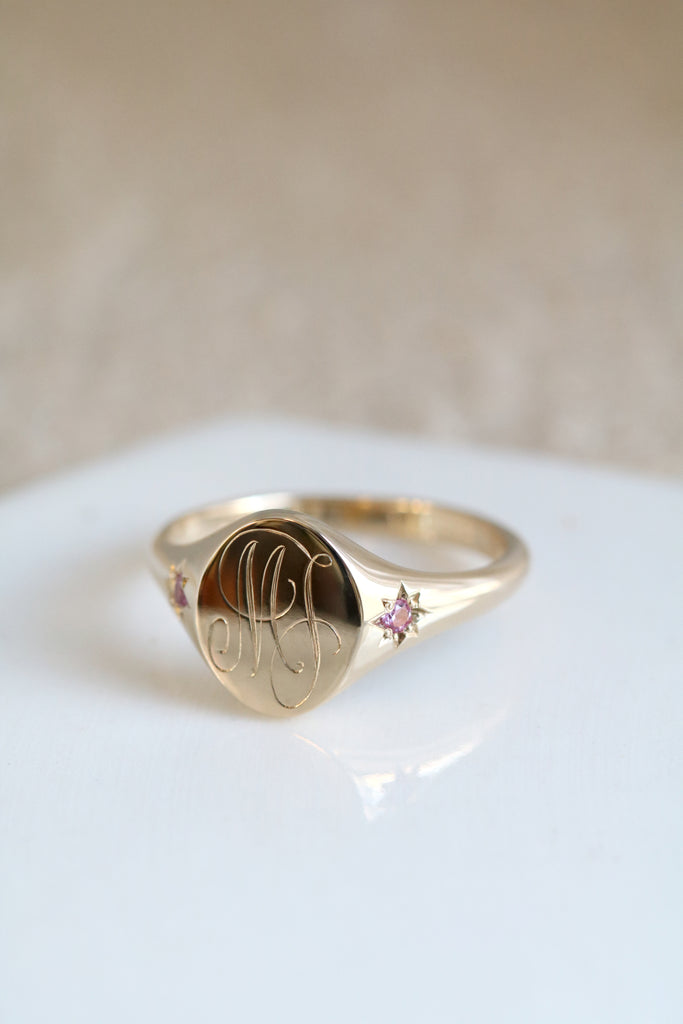 Star Set Pink Sapphires Monogram Oval Signet Ring Yellow Gold