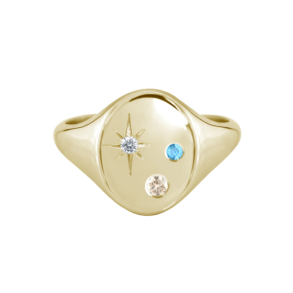 Oval Signet Ring with Champagne Diamond Blue Topaz and Star Set Diamond Yellow Gold