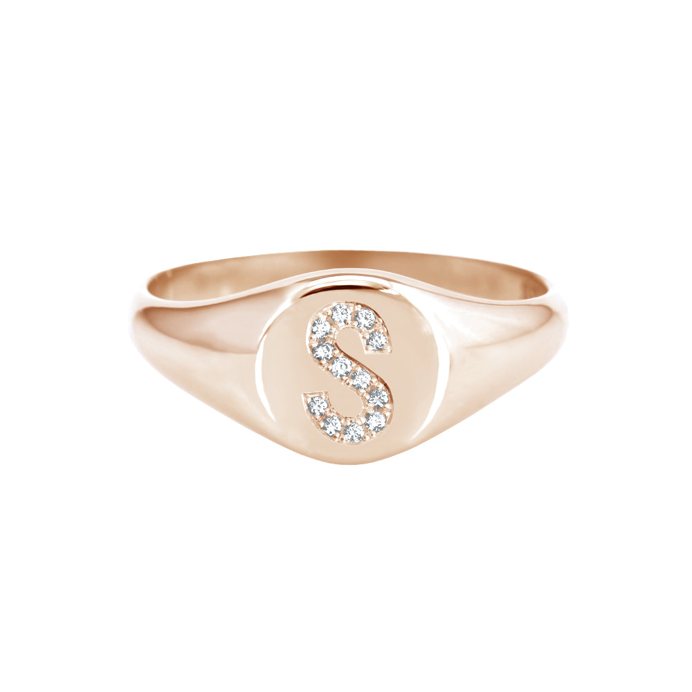 Petite Diamond Initial Signet Ring Rose Gold