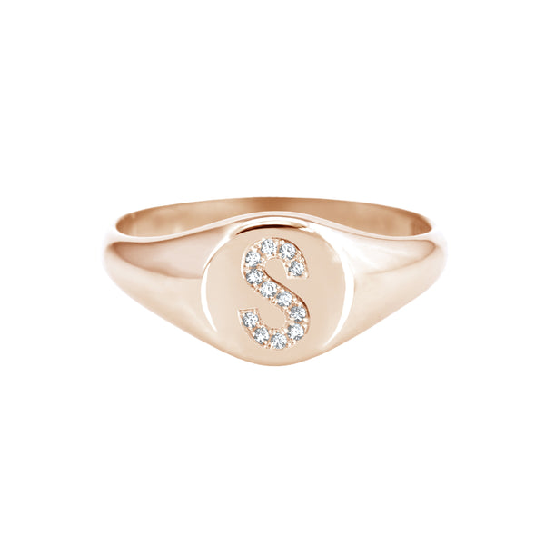 Petite Diamond Initial Signet Ring Rose Gold