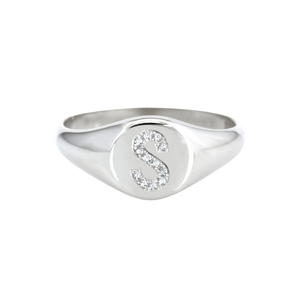 Petite Diamond Initial Signet Ring White Gold