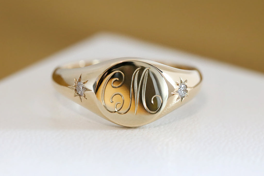 Petite Initial Signet Ring with Star Set Diamonds Yellow Gold