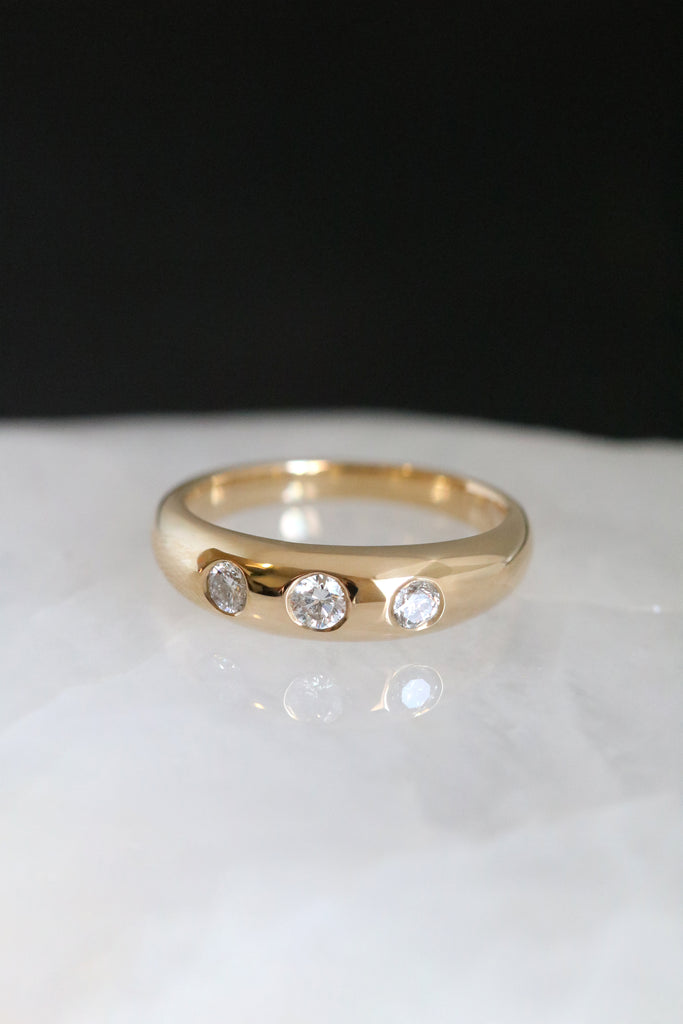 Petite Dome Ring With Three Diamonds Yellow Gold