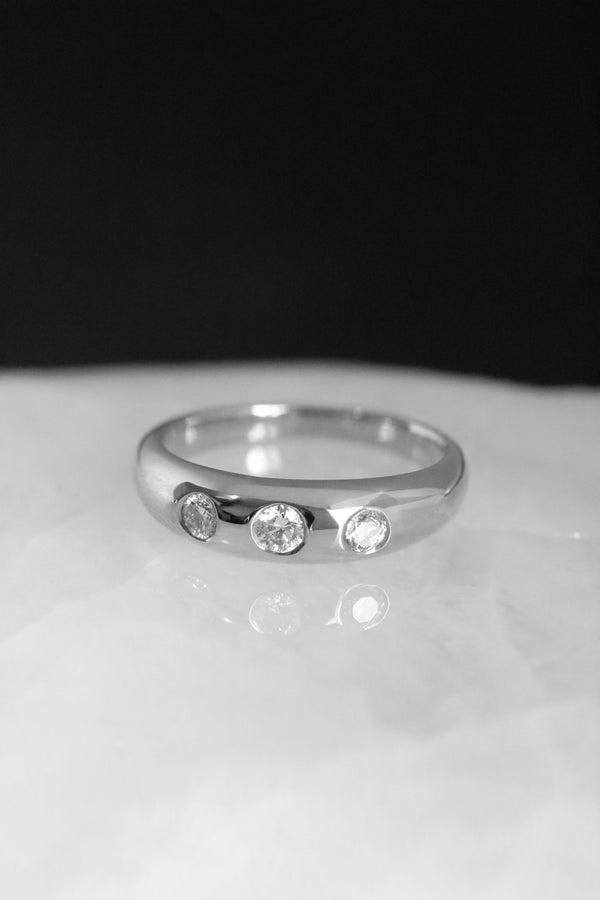 Petite Dome Ring With Three Diamonds White Gold