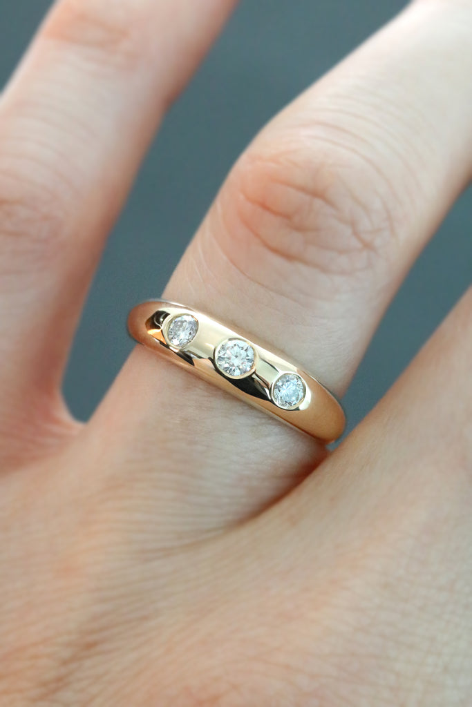 Petite Dome Ring With Three Diamonds Yellow Gold