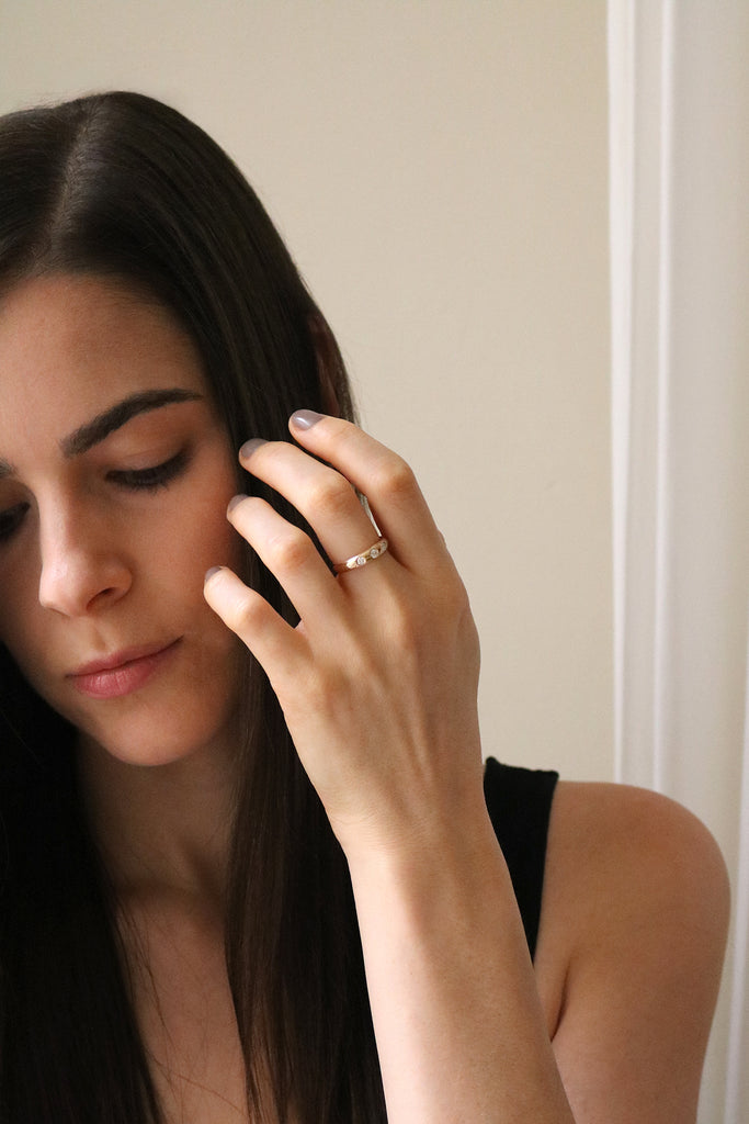 Petite Dome Ring With Three Diamonds Yellow Gold