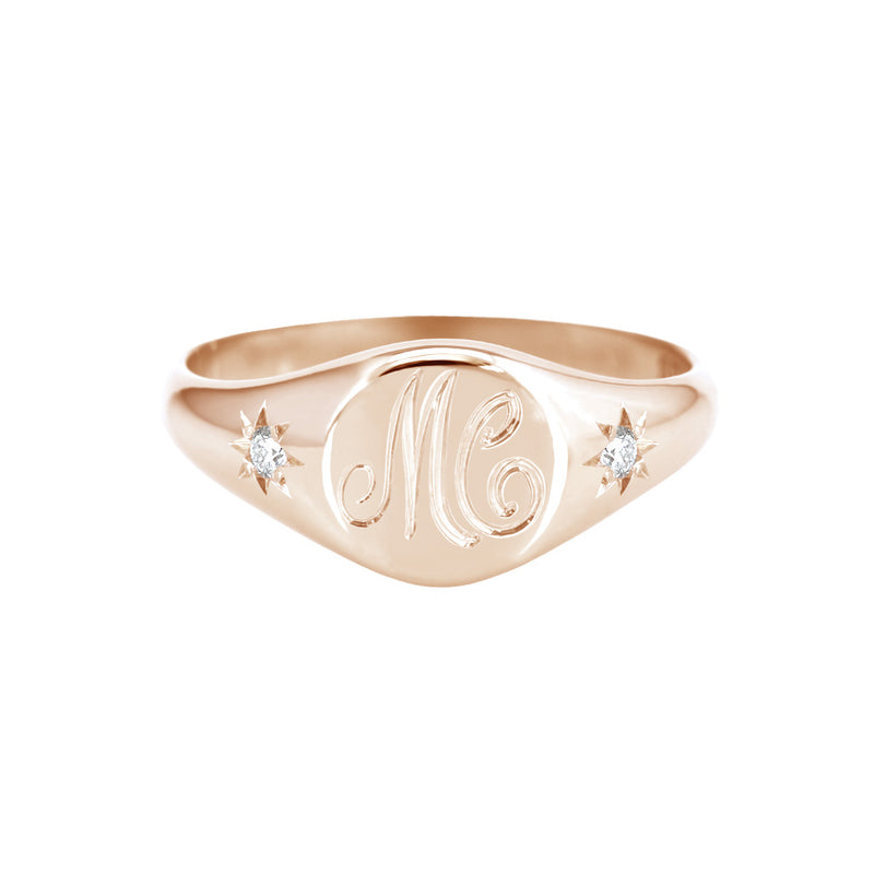 Petite Initial Signet Ring with Star Set Diamonds Rose Gold
