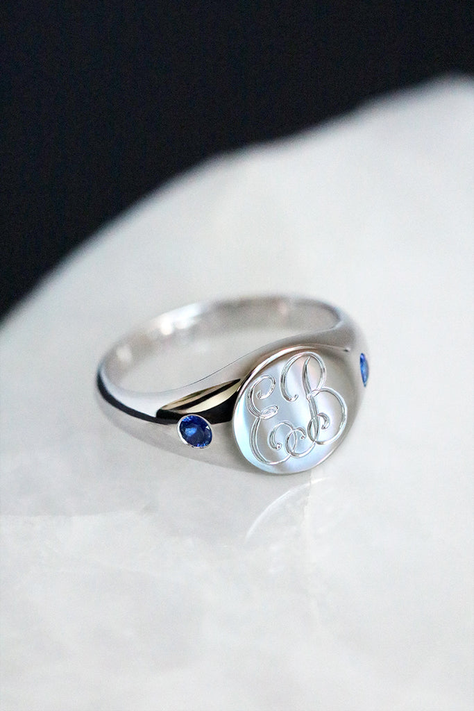 Petite Initial Signet Ring with Flush Set Blue Sapphires White Gold