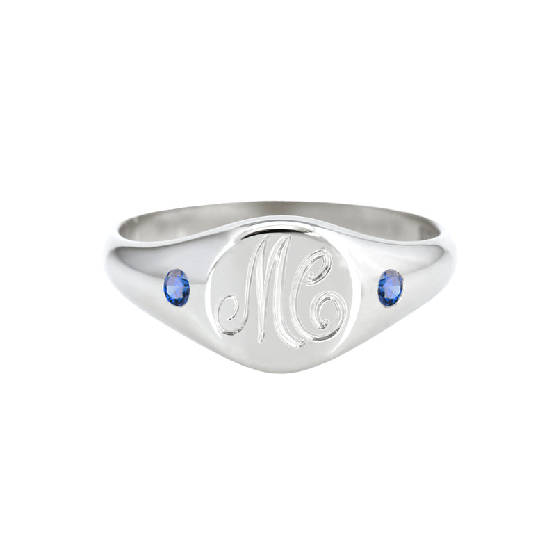 Petite Initial Signet Ring with Flush Set Blue Sapphires White Gold