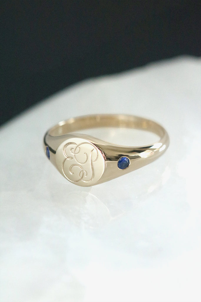 Petite Initial Signet Ring with Flush Set Blue Sapphires Yellow Gold