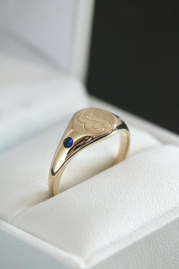 Petite Initial Signet Ring with Flush Set Blue Sapphires Yellow Gold