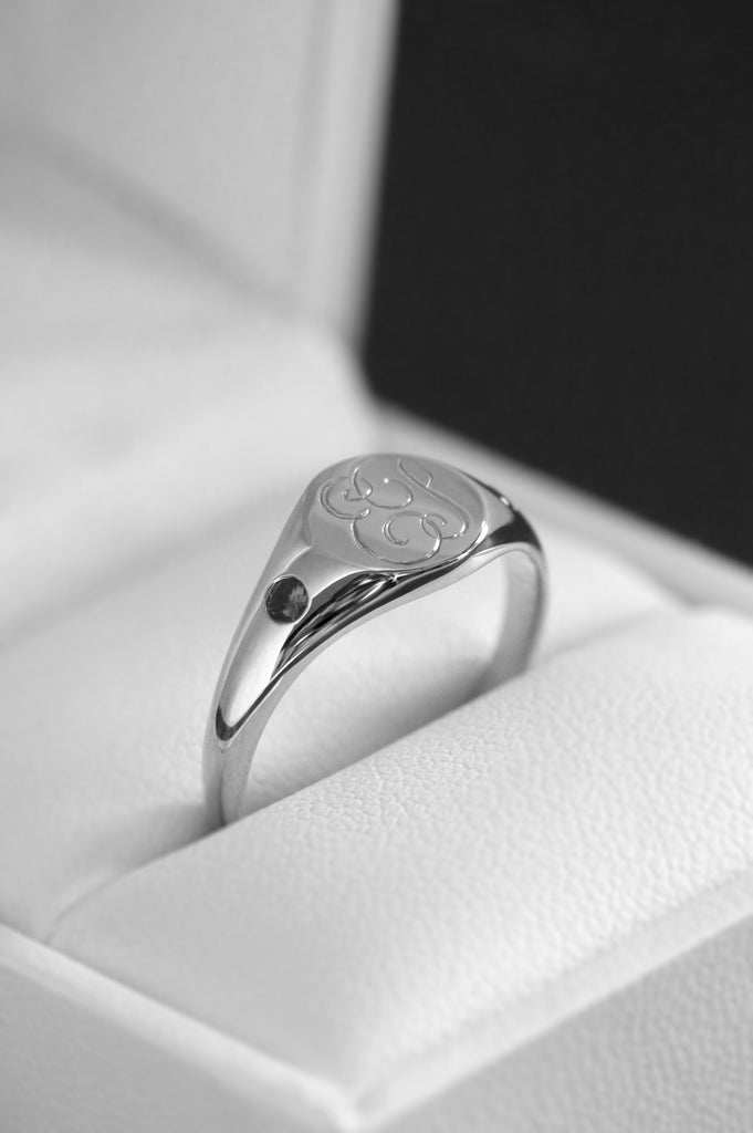 Petite Initial Signet Ring with Flush Set Citrines White Gold