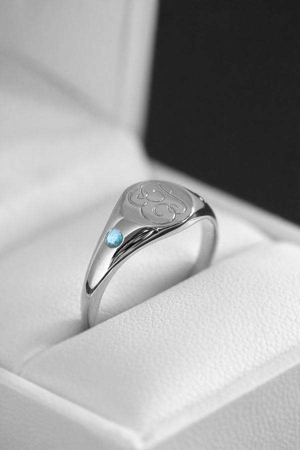 Petite Initial Signet Ring with Flush Set Blue Topaz White Gold